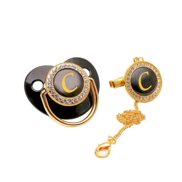 Black/Gold Personalised Letter Baby Bling Pacifier & Clip