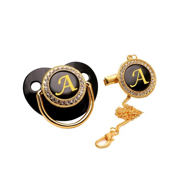Black/Gold Personalised Letter Baby Bling Pacifier & Clip
