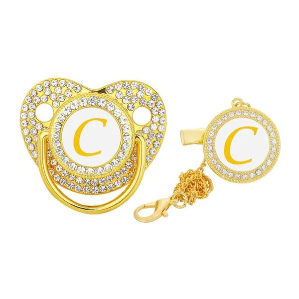 Gold Personalised Letter Baby Bling Pacifier & Clip