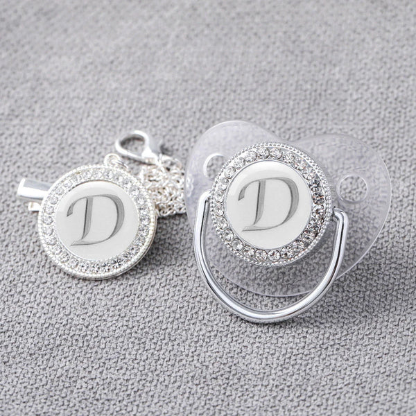 Silver Personalised Letter Baby Bling Pacifier & Clip (Transparent)