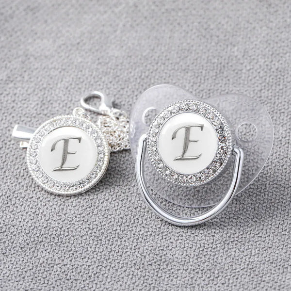 Silver Personalised Letter Baby Bling Pacifier & Clip (Transparent)