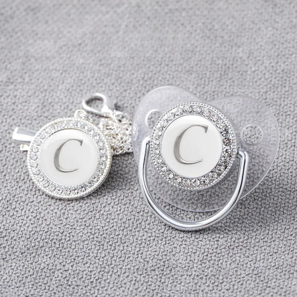 Silver Personalised Letter Baby Bling Pacifier & Clip (Transparent)