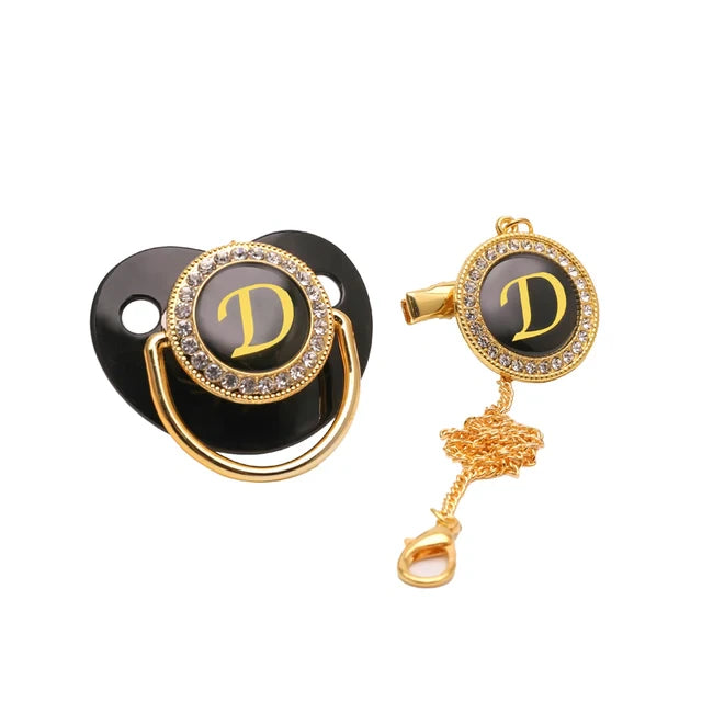 Black/Gold Personalised Letter Baby Bling Pacifier & Clip