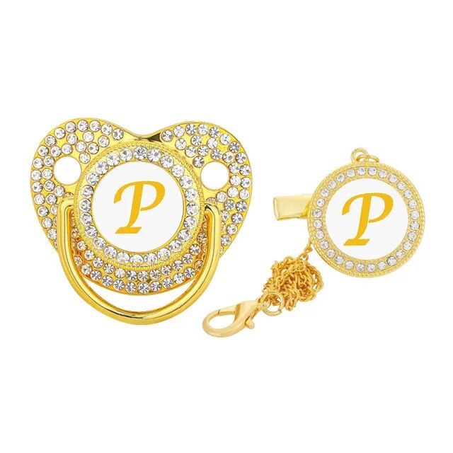 Gold Personalised Letter Baby Bling Pacifier & Clip