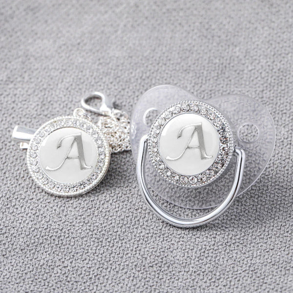 Silver Personalised Letter Baby Bling Pacifier & Clip (Transparent)