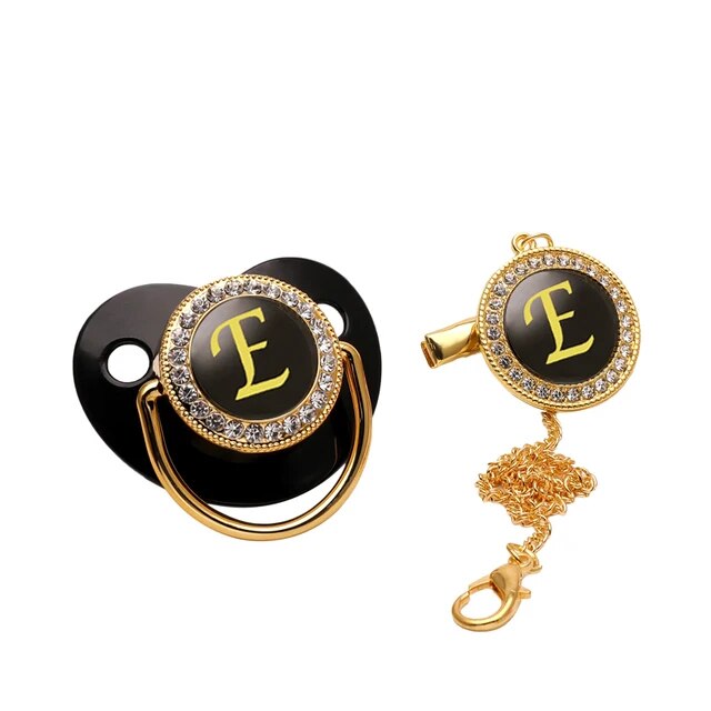 Black/Gold Personalised Letter Baby Bling Pacifier & Clip