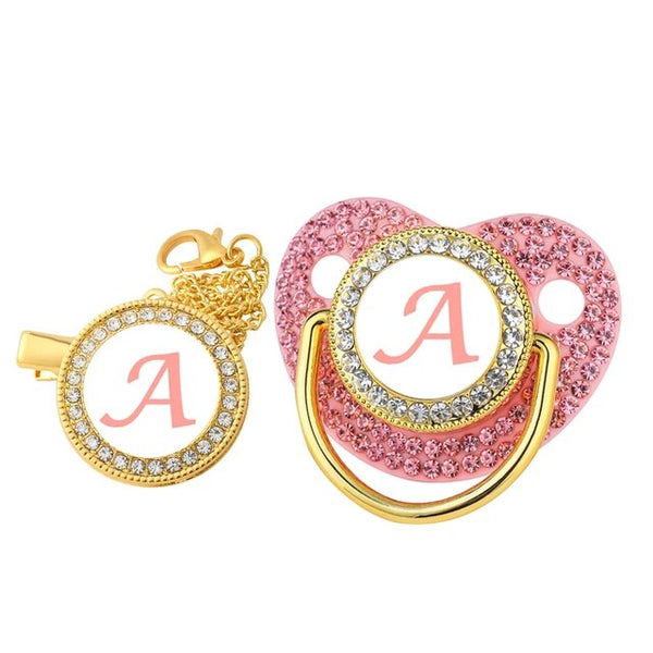 Pink/Gold Personalised Baby Bling Pacifier & Clip