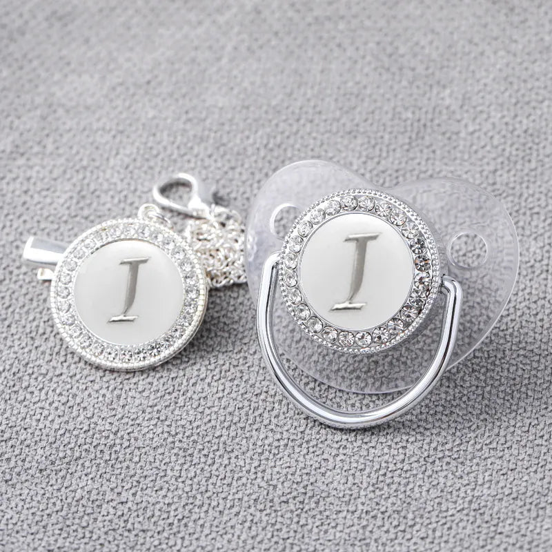 Silver Personalised Letter Baby Bling Pacifier & Clip (Transparent)